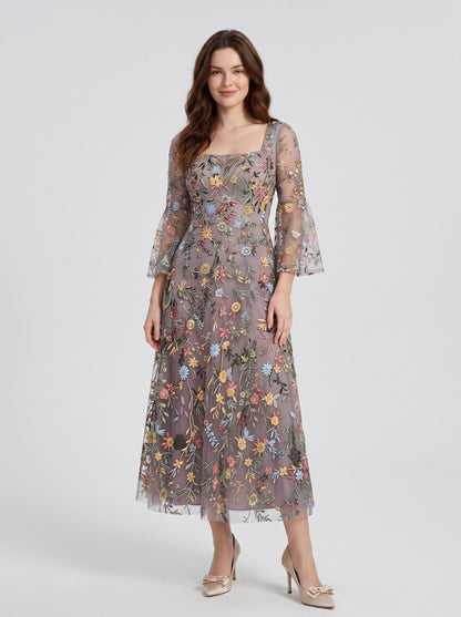 Blushing Pink Embroidered Mesh A-Line Square Neck Midi Dress - Aabei Dress