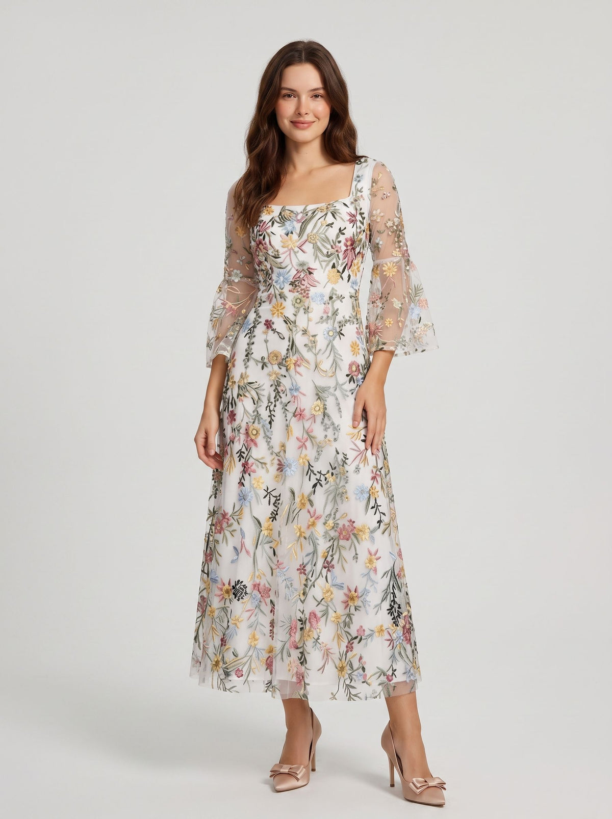Blushing Pink Embroidered Mesh A-Line Square Neck Midi Dress - Aabei Dress