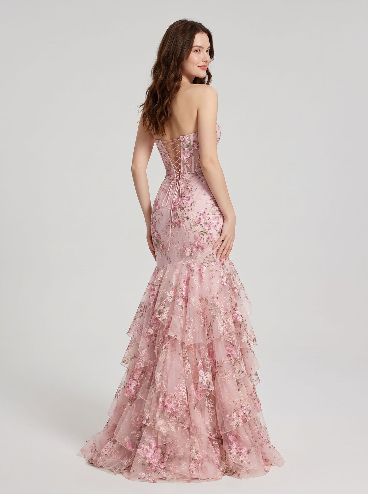 Blushing Pink Embroidered Tulle Mermaid Sweetheart Floor Length Dress Back View - Aabei Dress