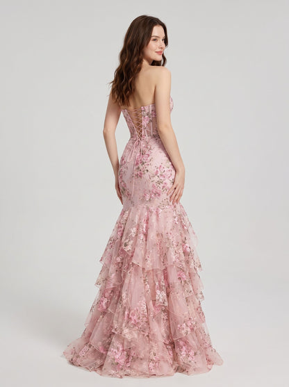 Blushing Pink Embroidered Tulle Mermaid Sweetheart Floor Length Dress Back View - Aabei Dress
