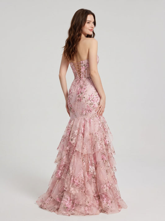 Blushing Pink Embroidered Tulle Mermaid Sweetheart Floor Length Dress Back View - Aabei Dress
