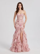 Blushing Pink Embroidered Tulle Mermaid Sweetheart Floor Length Dress Front View - Aabei Dress