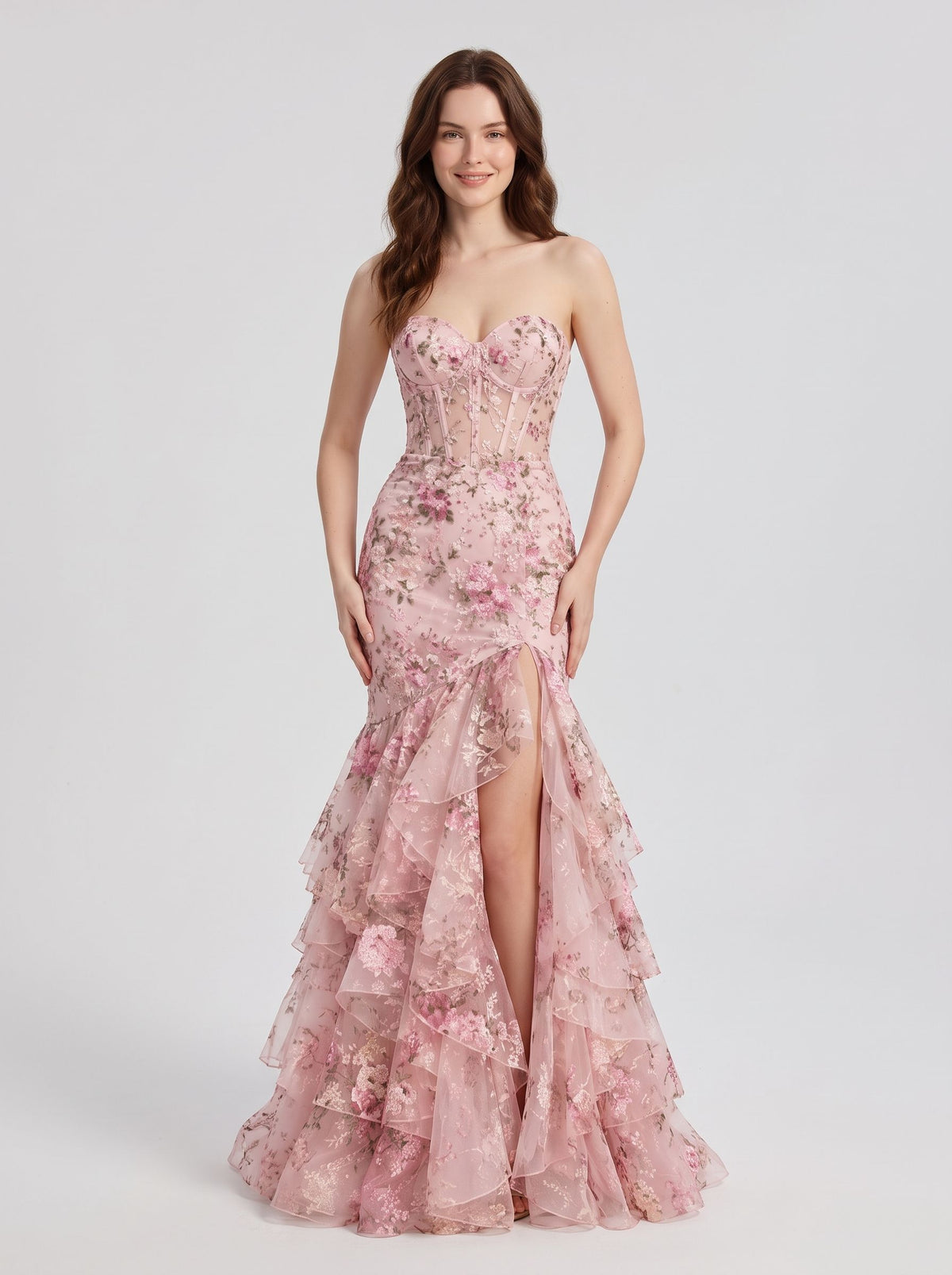 Blushing Pink Embroidered Tulle Mermaid Sweetheart Floor Length Dress Front View - Aabei Dress