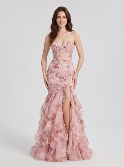 Blushing Pink Embroidered Tulle Mermaid Sweetheart Floor Length Dress Front View - Aabei Dress