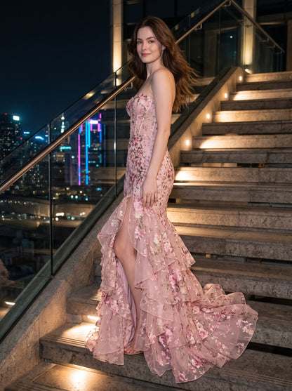 Blushing Pink Embroidered Tulle Mermaid Sweetheart Floor Length Dress - Aabei Dress