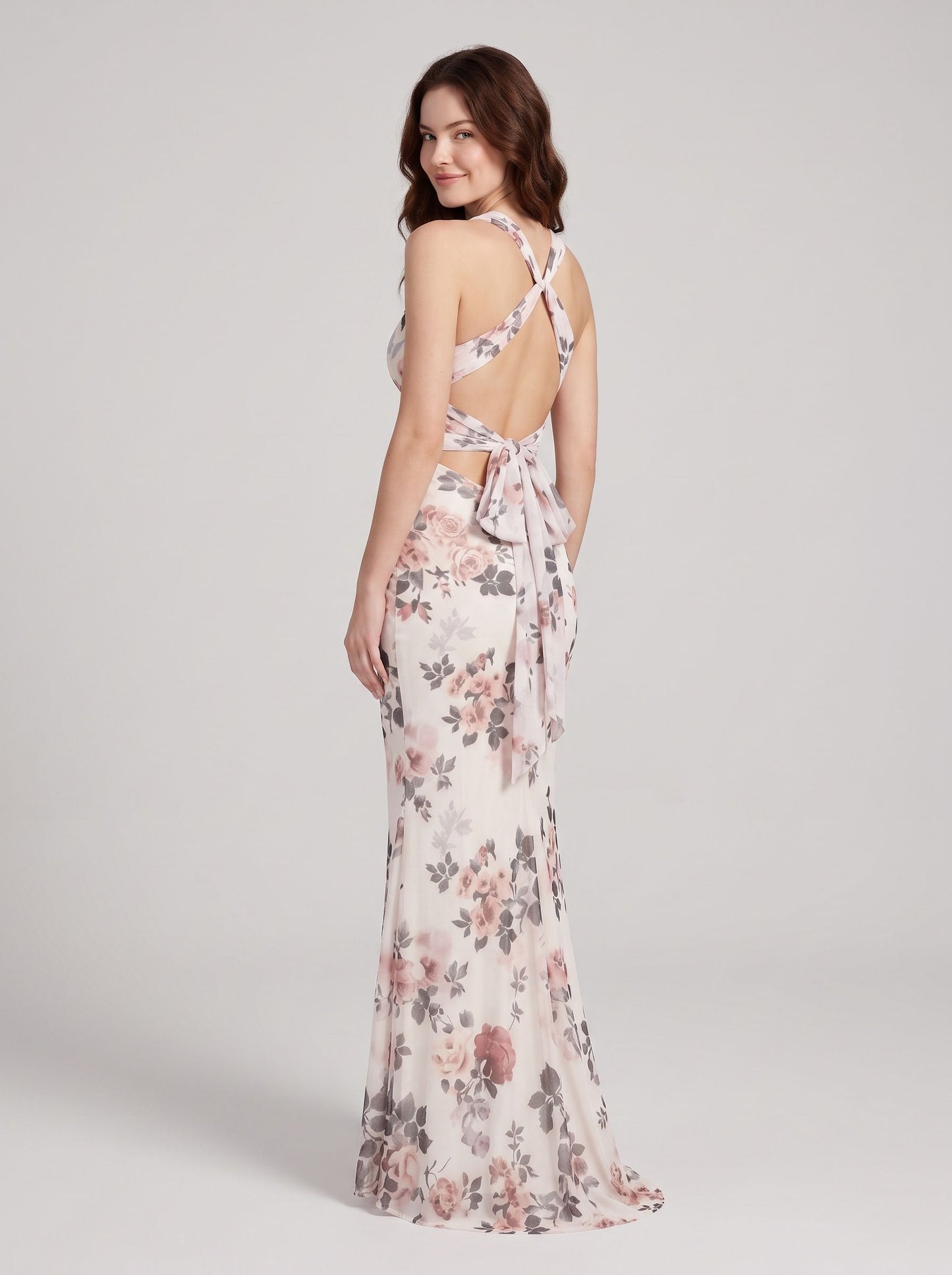 Blushing Pink Floral Chiffon sheath-column v-neck floor-length Dress Back View - Aabei Dress