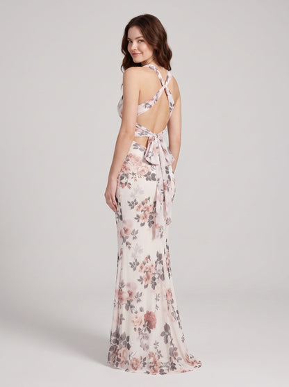 Blushing Pink Floral Chiffon sheath-column v-neck floor-length Dress Back View - Aabei Dress