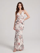 Blushing Pink Floral Chiffon sheath-column v-neck floor-length Dress Front View - Aabei Dress