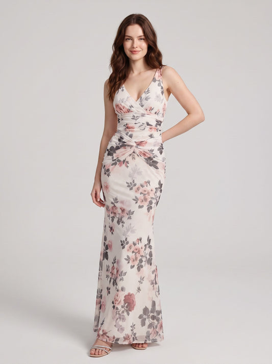 Blushing Pink Floral Chiffon sheath-column v-neck floor-length Dress Front View - Aabei Dress