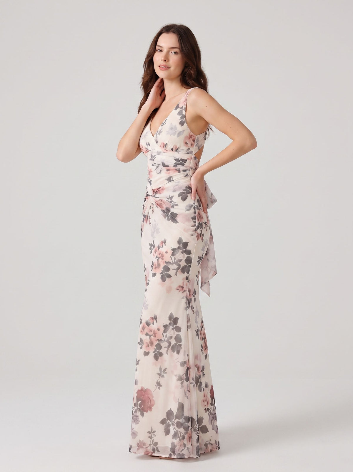 Blushing Pink Floral Chiffon sheath-column v-neck floor-length Dress - Aabei Dress