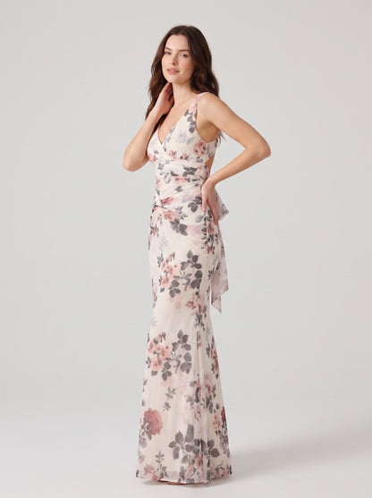 Blushing Pink Floral Chiffon sheath-column v-neck floor-length Dress - Aabei Dress