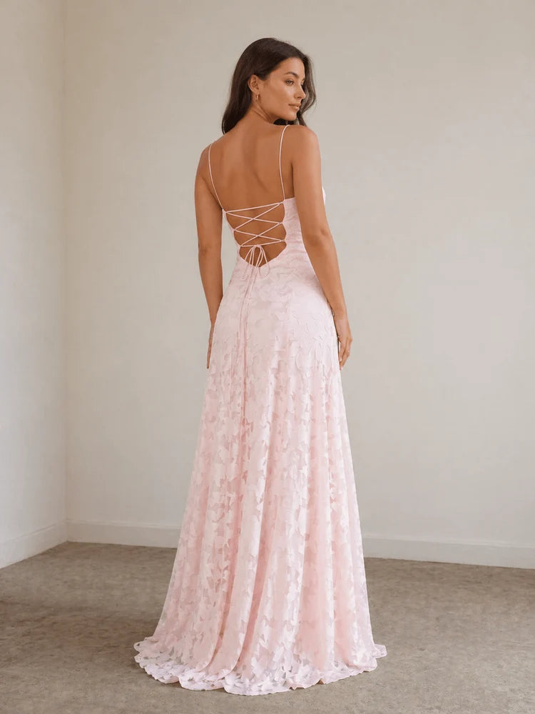 Blushing Pink Floral Lace Jacquard A-Line Cowl Neck Floor-Length Dress Back View - Aabei Dress