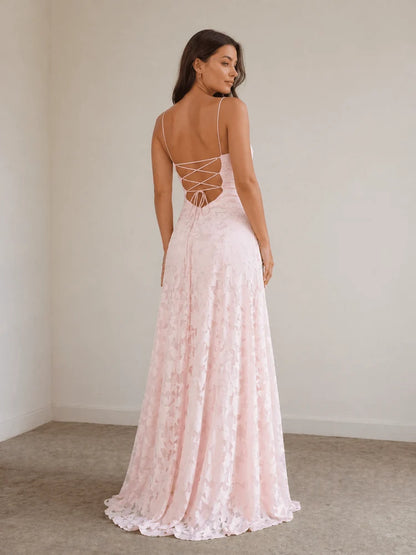 Blushing Pink Floral Lace Jacquard A-Line Cowl Neck Floor-Length Dress Back View - Aabei Dress