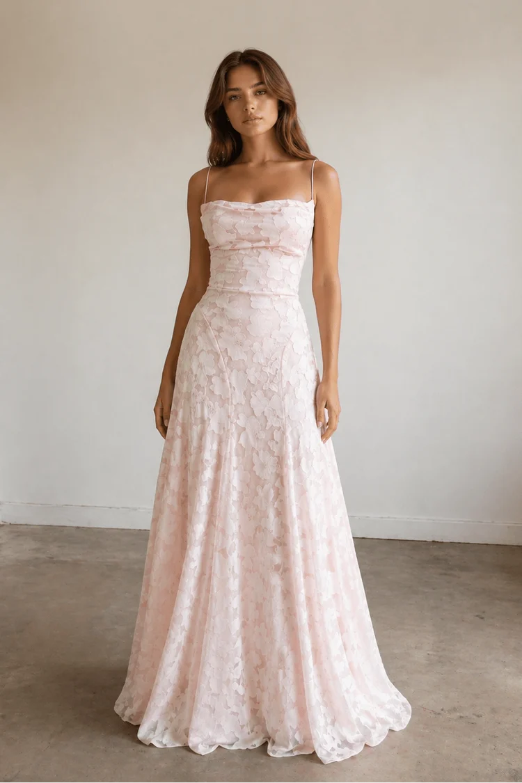 Blushing Pink Floral Lace Jacquard A-Line Cowl Neck Floor-Length Dress Front View - Aabei Dress