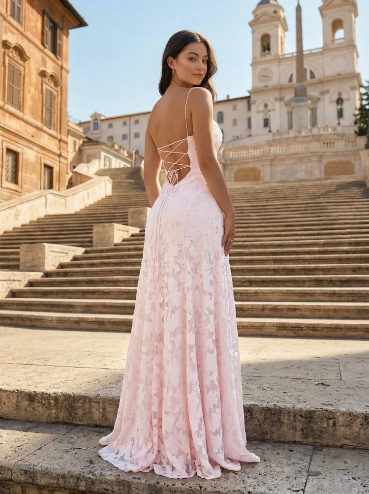 Blushing Pink Floral Lace Jacquard A-Line Cowl Neck Floor-Length Dress - Aabei Dress