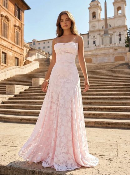 Blushing Pink Floral Lace Jacquard A-Line Cowl Neck Floor-Length Dress - Aabei Dress