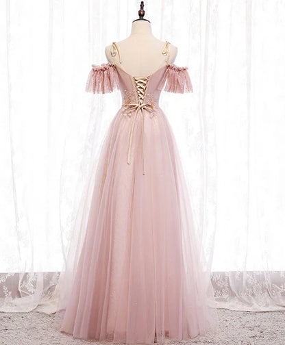 Blushing Pink Glitter Tulle A-Line Off-the-Shoulder Lace-up Floor-Length Dress Back View - Aabei Dress