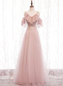 Blushing Pink Glitter Tulle A-Line Off-the-Shoulder Lace-up Floor-Length Dress Front View - Aabei Dress