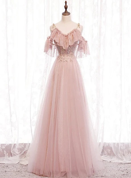 Blushing Pink Glitter Tulle A-Line Off-the-Shoulder Lace-up Floor-Length Dress Front View - Aabei Dress