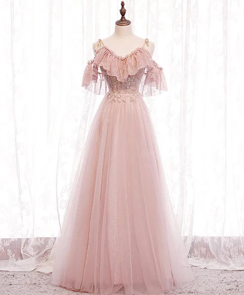 Blushing Pink Glitter Tulle A-Line Off-the-Shoulder Lace-up Floor-Length Dress - Aabei Dress