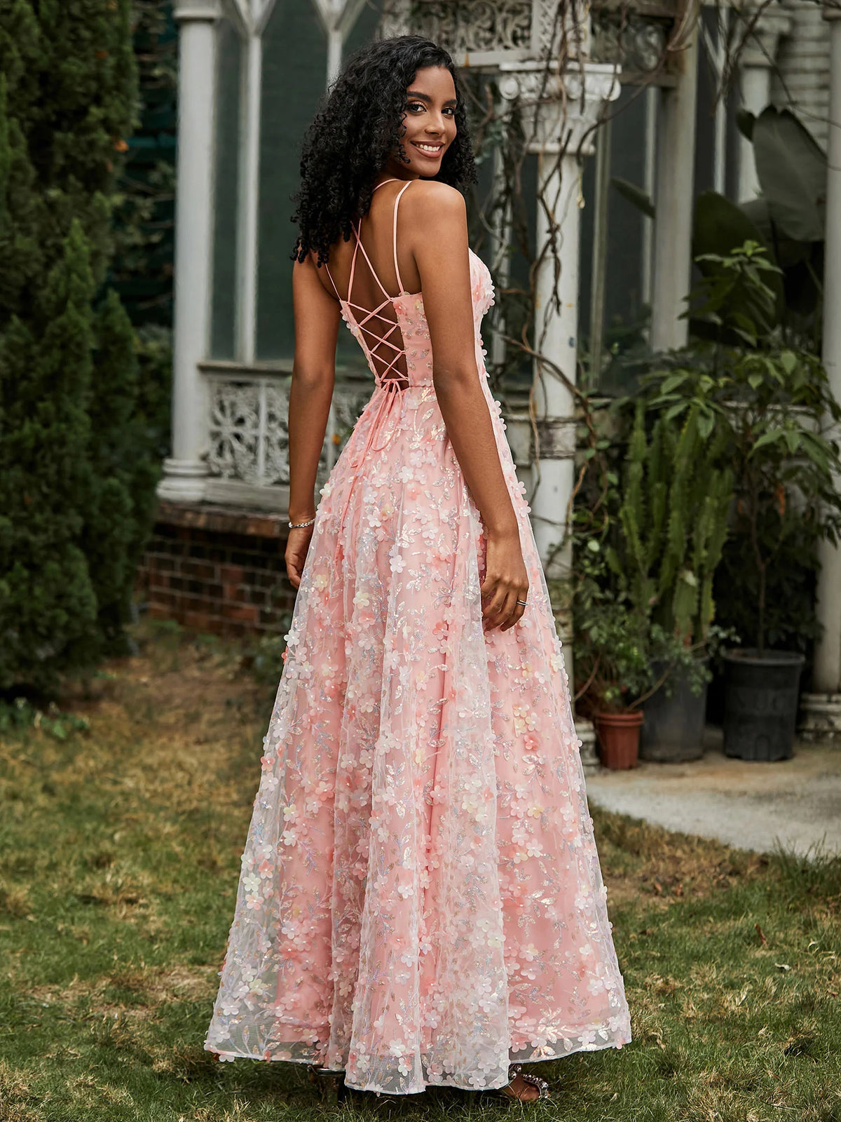 Blushing Pink Mesh A-Line Scoop Neck Lace-up Floor-Length Dress Back View - Aabei Dress