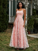 Blushing Pink Mesh A-Line Scoop Neck Lace-up Floor-Length Dress Front View - Aabei Dress