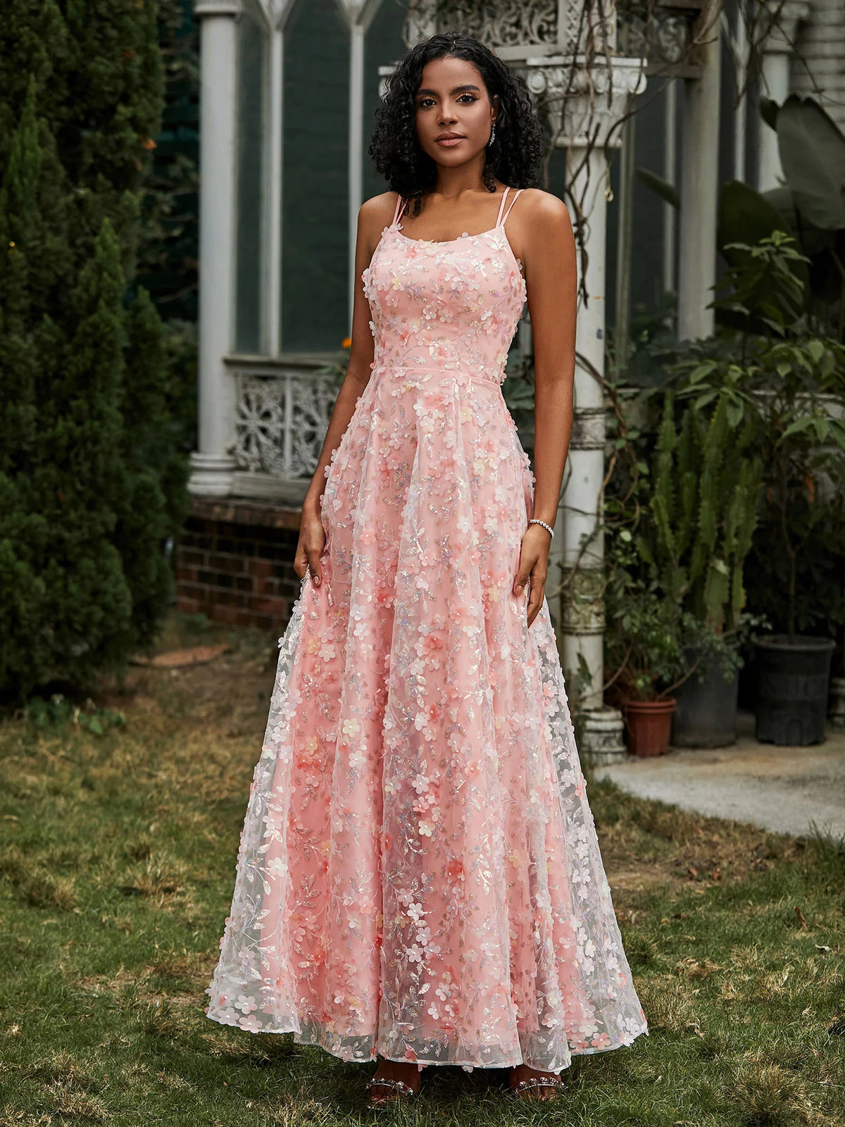 Blushing Pink Mesh A-Line Scoop Neck Lace-up Floor-Length Dress Front View - Aabei Dress