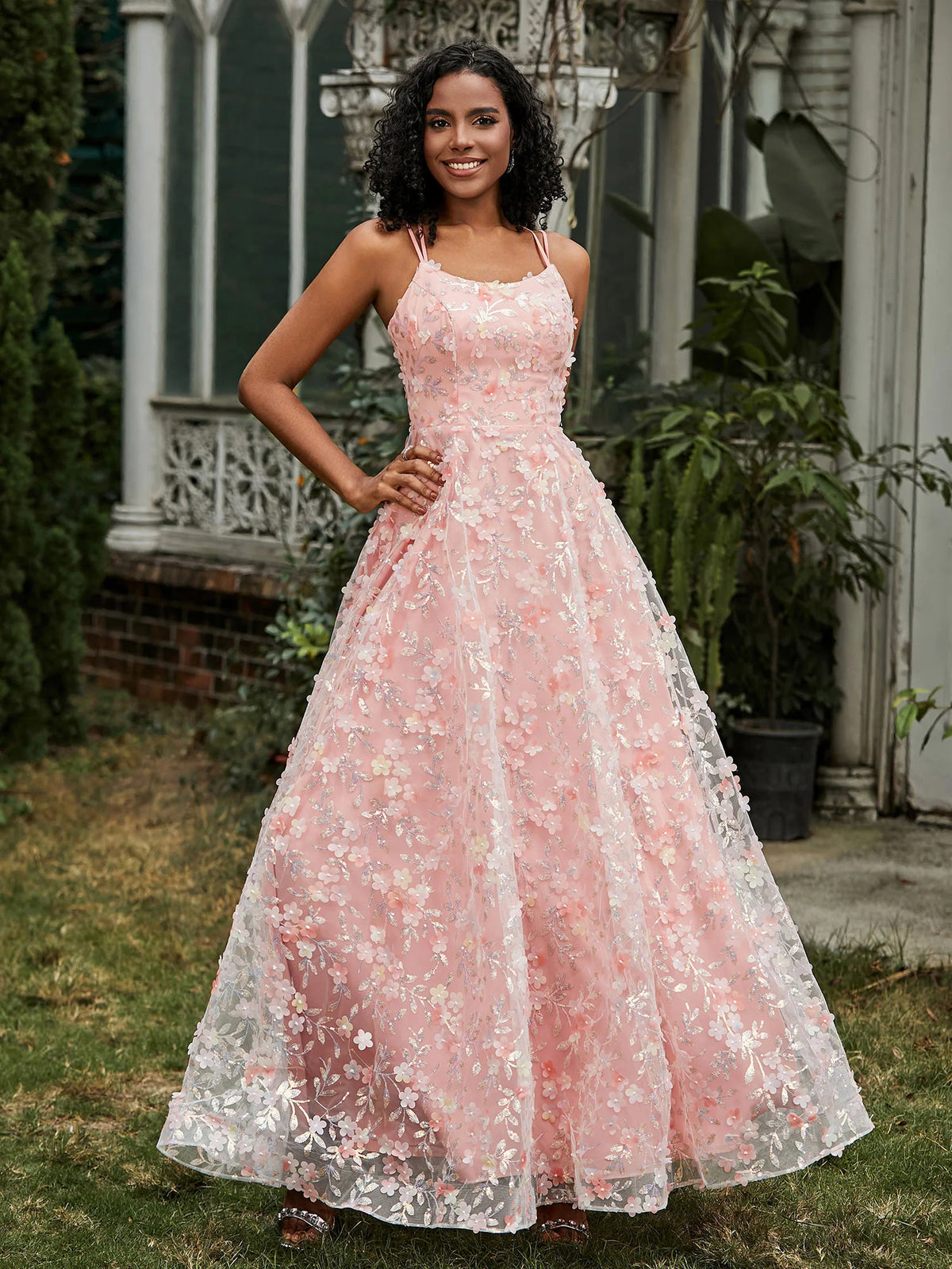 Blushing Pink Mesh A-Line Scoop Neck Lace-up Floor-Length Dress - Aabei Dress