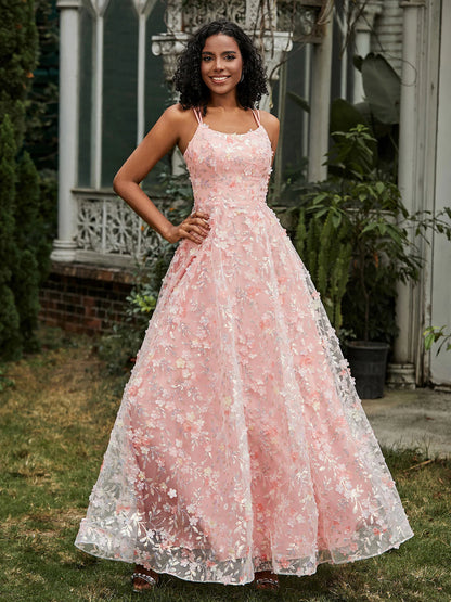 Blushing Pink Mesh A-Line Scoop Neck Lace-up Floor-Length Dress - Aabei Dress