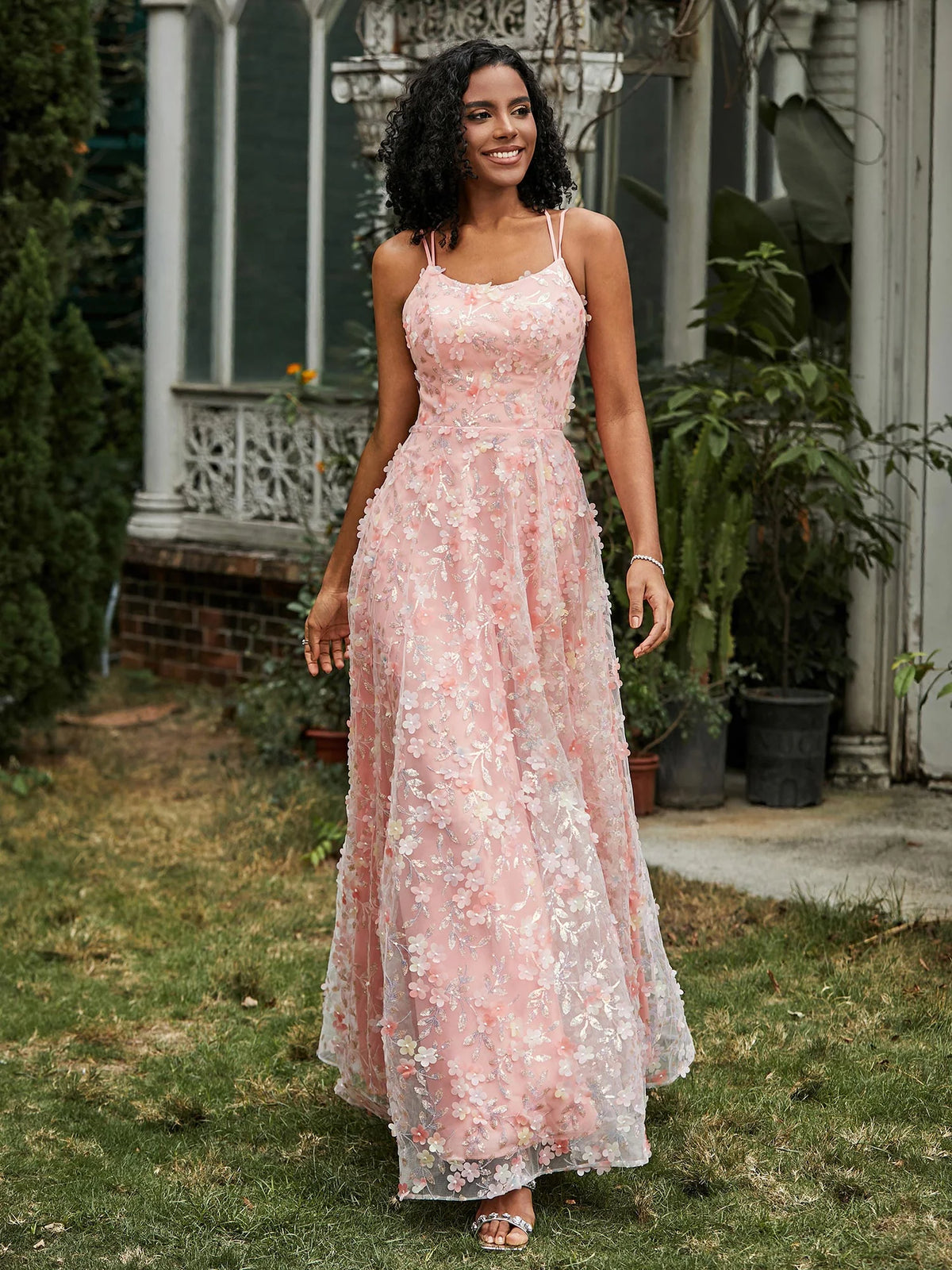 Blushing Pink Mesh A-Line Scoop Neck Lace-up Floor-Length Dress - Aabei Dress