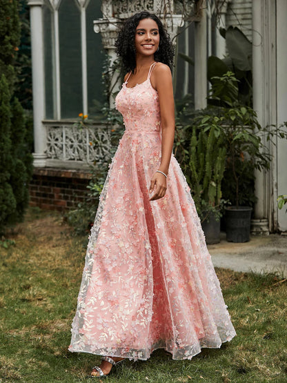 Blushing Pink Mesh A-Line Scoop Neck Lace-up Floor-Length Dress - Aabei Dress
