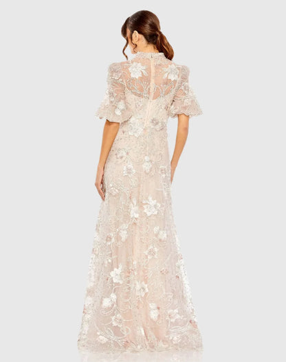 Blushing Pink Mesh A-Line V-Neck High Back Floor-Length Dress Back View - Aabei Dress