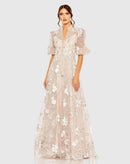 Blushing Pink Mesh A-Line V-Neck High Back Floor-Length Dress - Aabei Dress