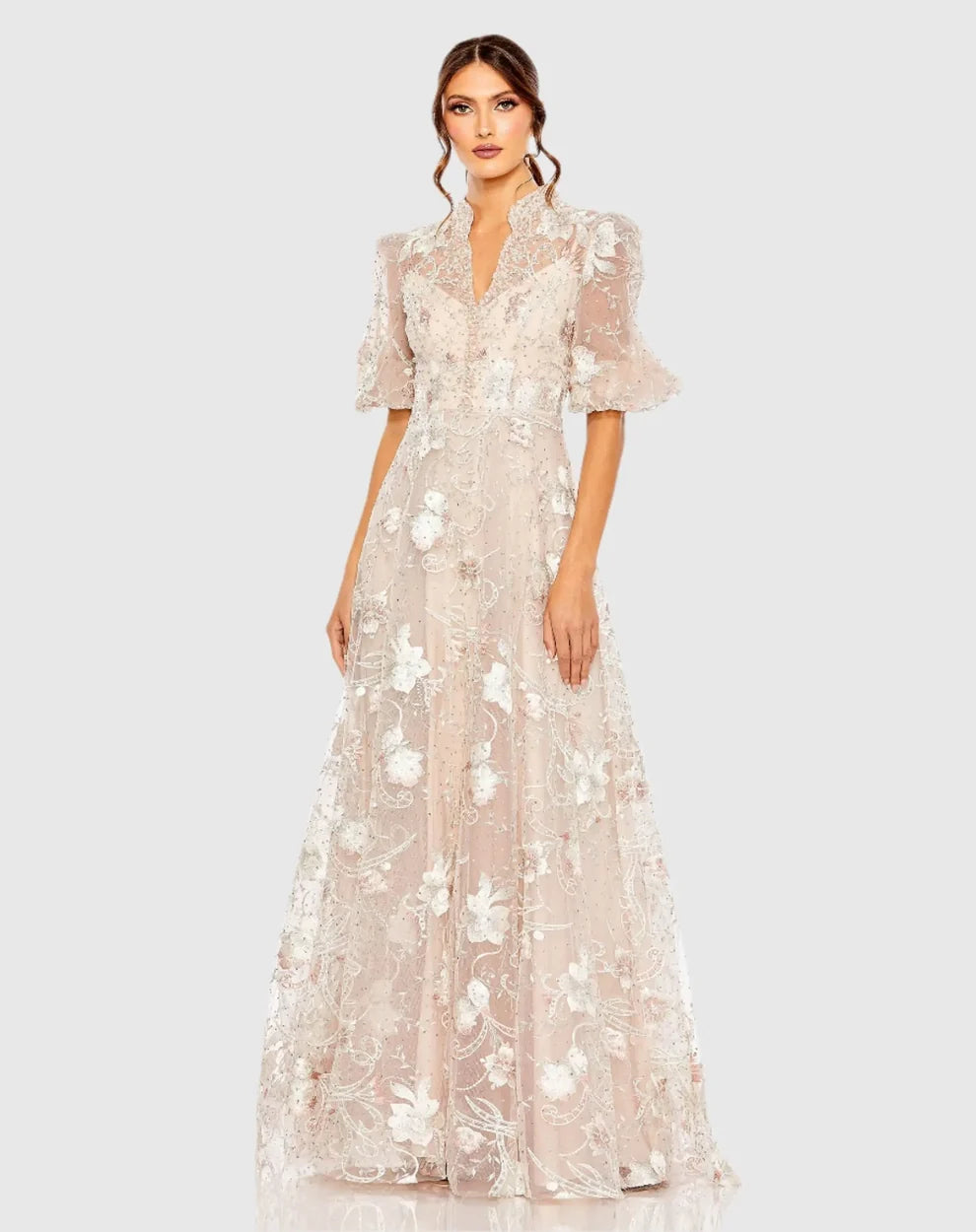Blushing Pink Mesh A-Line V-Neck High Back Floor-Length Dress - Aabei Dress