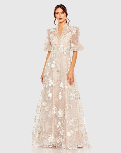 Blushing Pink Mesh A-Line V-Neck High Back Floor-Length Dress - Aabei Dress