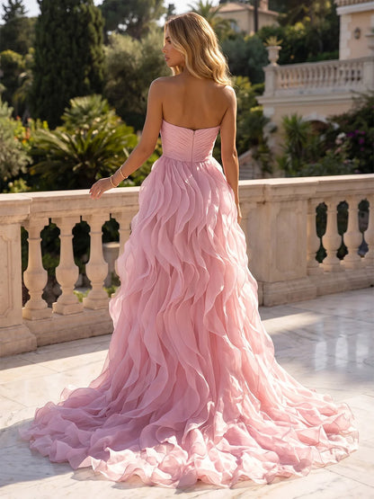 Blushing Pink Organza A-Line Sweetheart Zipper Back Floor Length Dress Back View - Aabei Dress
