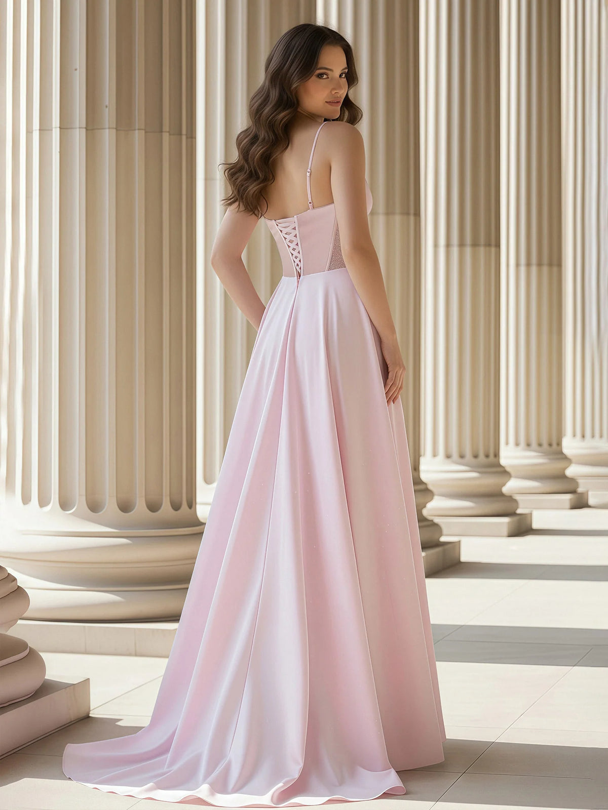 Blushing Pink Satin A-Line Sweetheart Lace-up Floor-Length Dress Back View - Aabei Dress