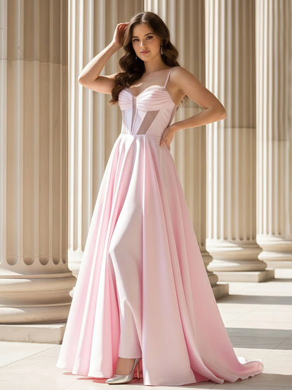Blushing Pink Satin A-Line Sweetheart Lace-up Floor-Length Dress Front View - Aabei Dress