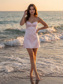 Blushing Pink Satin A-Line Sweetheart Tie-Back Mini Dress Front View - Aabei Dress