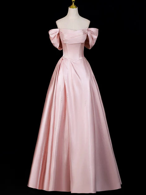 Blushing Pink Satin ball-gown off-the-shoulder lace-up-back floor-length Dress Front View - Aabei Dress