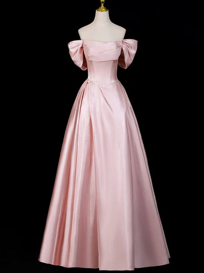 Blushing Pink Satin ball-gown off-the-shoulder lace-up-back floor-length Dress Front View - Aabei Dress