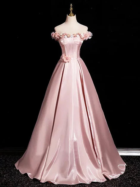 Blushing Pink Satin Ball Gown Off the Shoulder Lace-up Back Floor-Length Dress Front View - Aabei Dress