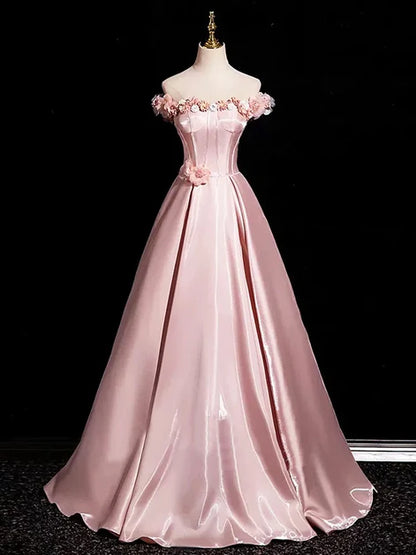 Blushing Pink Satin Ball Gown Off the Shoulder Lace-up Back Floor-Length Dress Front View - Aabei Dress