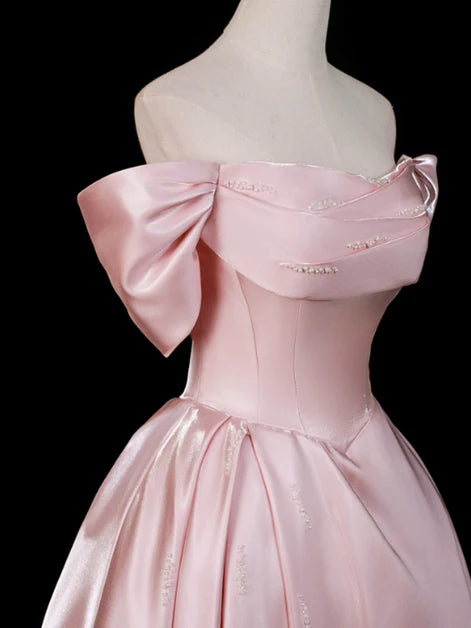 Blushing Pink Satin ball-gown off-the-shoulder lace-up-back floor-length Dress - Aabei Dress