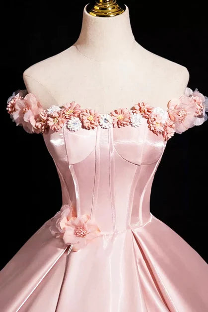 Blushing Pink Satin Ball Gown Off the Shoulder Lace-up Back Floor-Length Dress - Aabei Dress