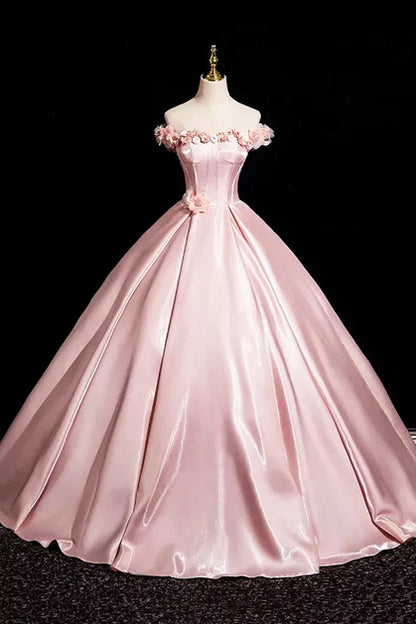 Blushing Pink Satin Ball Gown Off the Shoulder Lace-up Back Floor-Length Dress - Aabei Dress