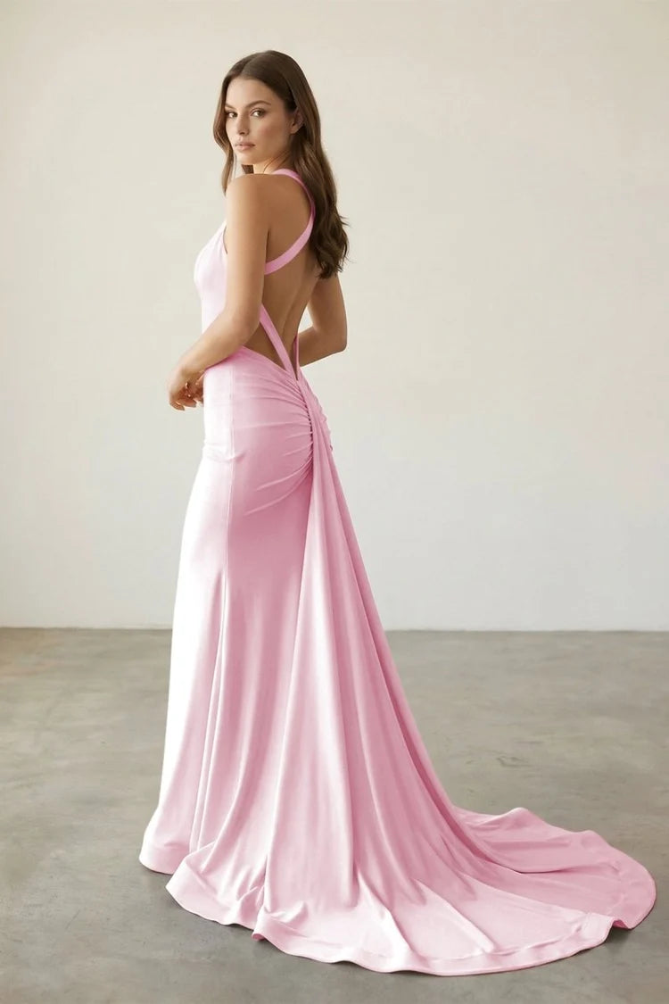 Blushing Pink Satin Mermaid Plunging V-Neck Cross Back Floor-Length Dress Back View - Aabei Dress