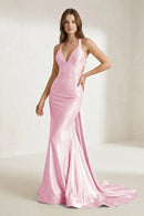 Blushing Pink Satin Mermaid Plunging V-Neck Cross Back Floor-Length Dress Front View - Aabei Dress