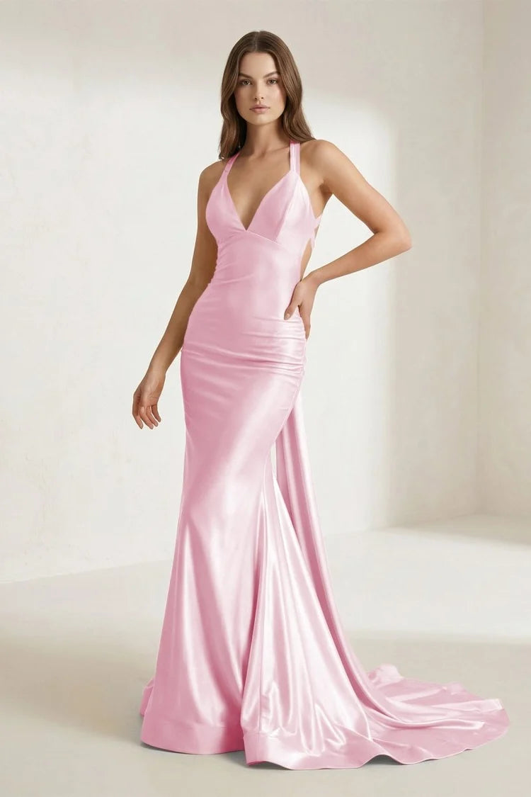 Blushing Pink Satin Mermaid Plunging V-Neck Cross Back Floor-Length Dress Front View - Aabei Dress