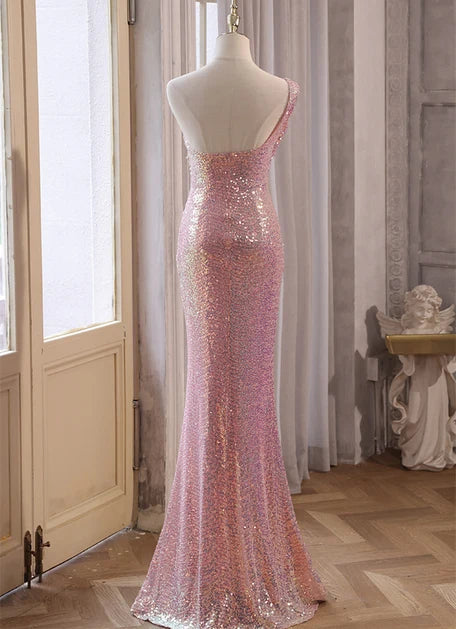 Blushing Pink Sequin Mermaid One Shoulder Open Back Floor Length Dress Back View - Aabei Dress